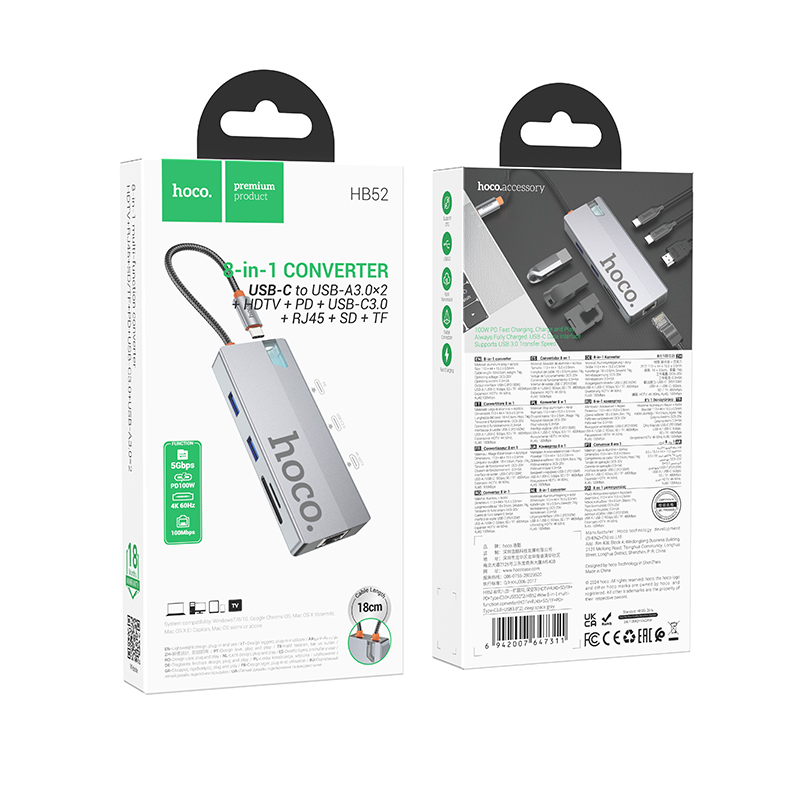 Hub USB-C HB52 HOCO Wow 8-en-1 – Adaptador Multipuerto con HDMI, RJ45, SD/TF, PD, USB-C 3.0