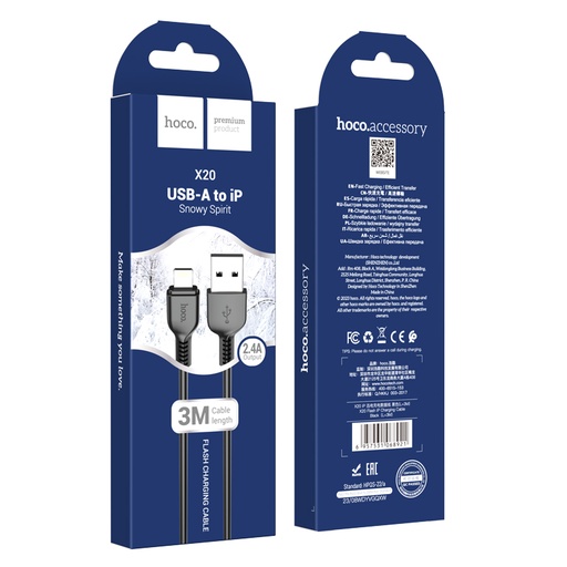 Cable Lightning Hoco X20 Flash 3M para iPhone – Carga Rápida y Sincronización de Datos