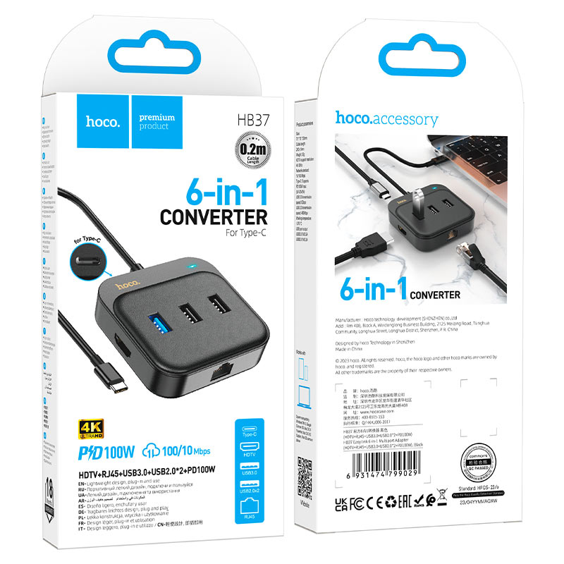 [HB37] Adaptador Hub USB-C HB37 Easy Link con HDMI, RJ45 y 3×USB (1 USB 3.0 + 2 USB 2.0) + Puerto USB-C