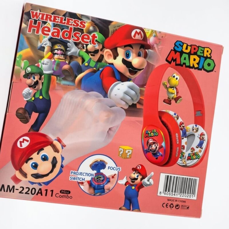 [AM-220A11] Set Mario Bros 3 en 1 para Niños | Audífonos Bluetooth Inalámbricos + Reloj Proyector de Imágenes + Llavero