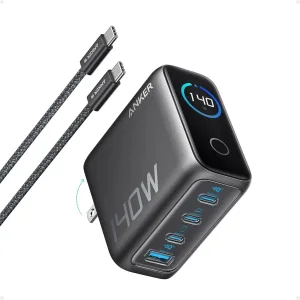 Cargador Rápido GaN Anker 140W de 4 Puertos (PD 3.1) con Pantalla Digital y Cable USB-C Incluido para Laptops, iPhone y Samsung, Android